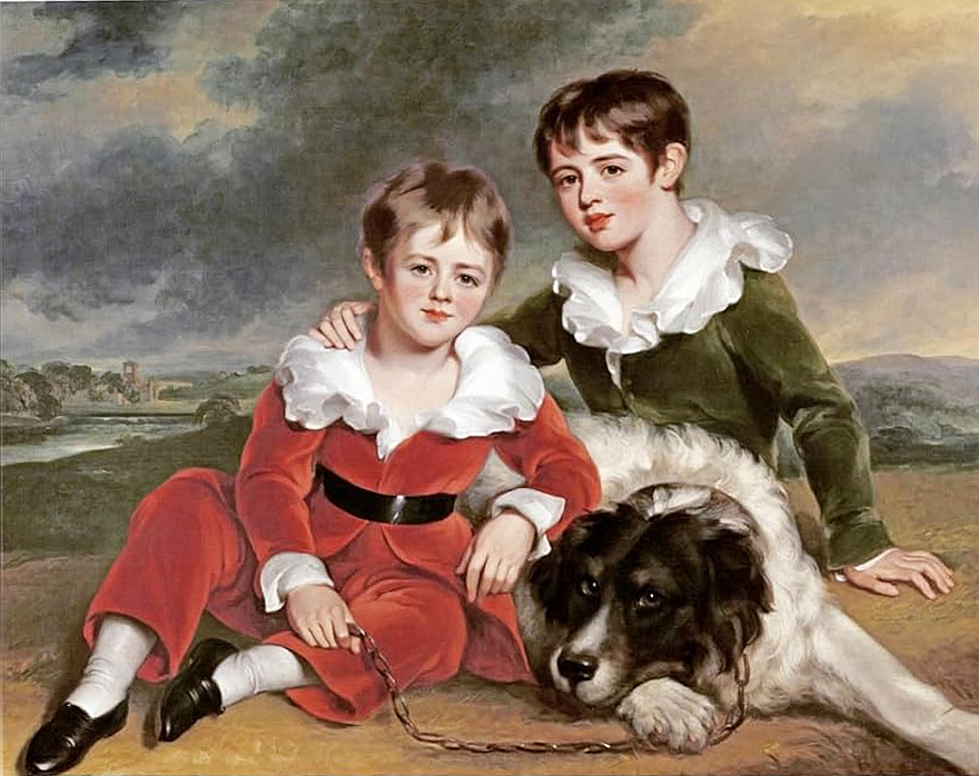 portrait of two boys with their Newfoundland dog
